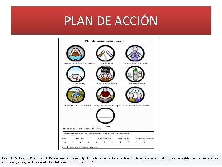 PLAN DE ACCIÓN Benzo R, Vickers K, Emst D, et al. Development and feasibility