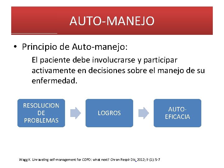 AUTO-MANEJO • Principio de Auto-manejo: El paciente debe involucrarse y participar activamente en decisiones