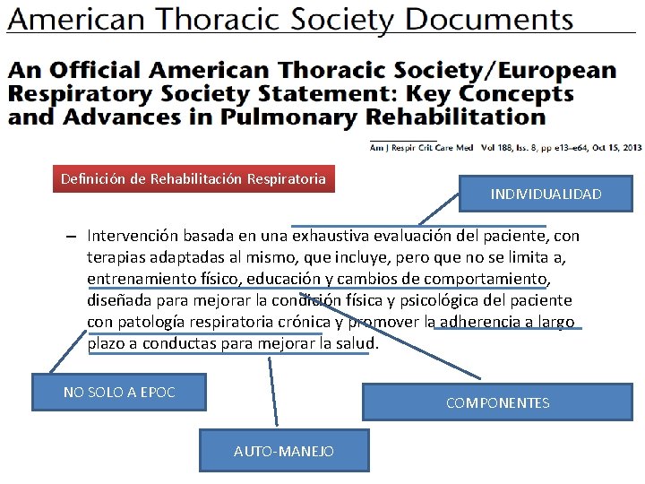 Definición de Rehabilitación Respiratoria INDIVIDUALIDAD – Intervención basada en una exhaustiva evaluación del paciente,