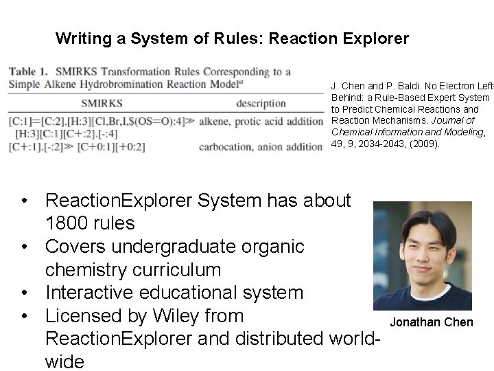Writing a System of Rules: Reaction Explorer J. Chen and P. Baldi. No Electron