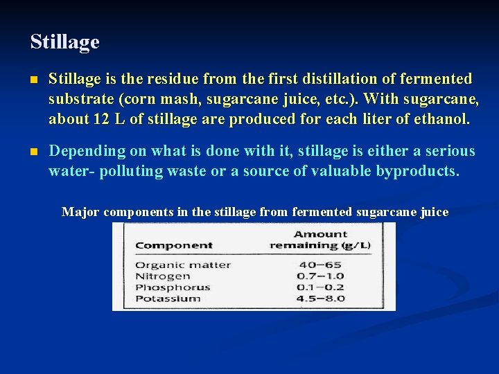 Stillage n Stillage is the residue from the first distillation of fermented substrate (corn