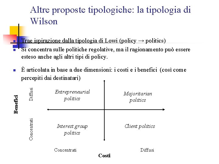 Altre proposte tipologiche: la tipologia di Wilson Benefici n È articolata in base a