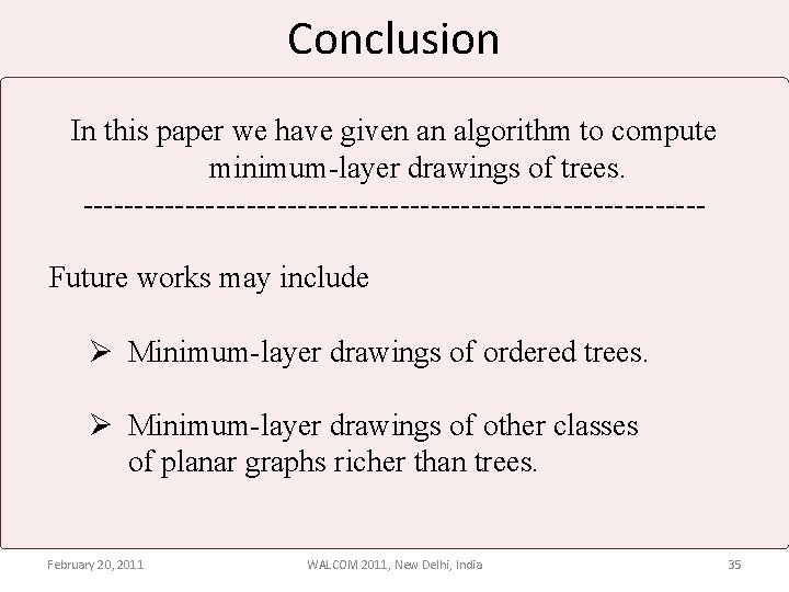 Conclusion In this paper we have given an algorithm to compute minimum-layer drawings of