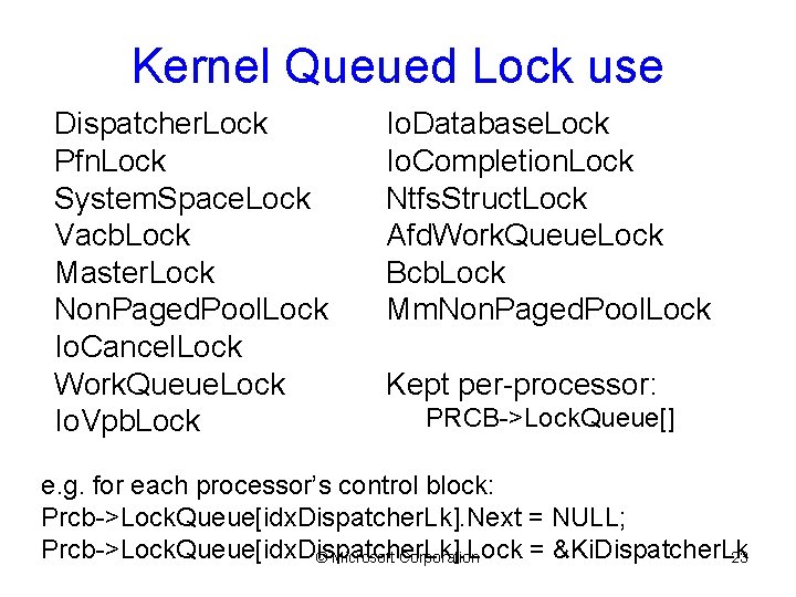 Kernel Queued Lock use Dispatcher. Lock Pfn. Lock System. Space. Lock Vacb. Lock Master.
