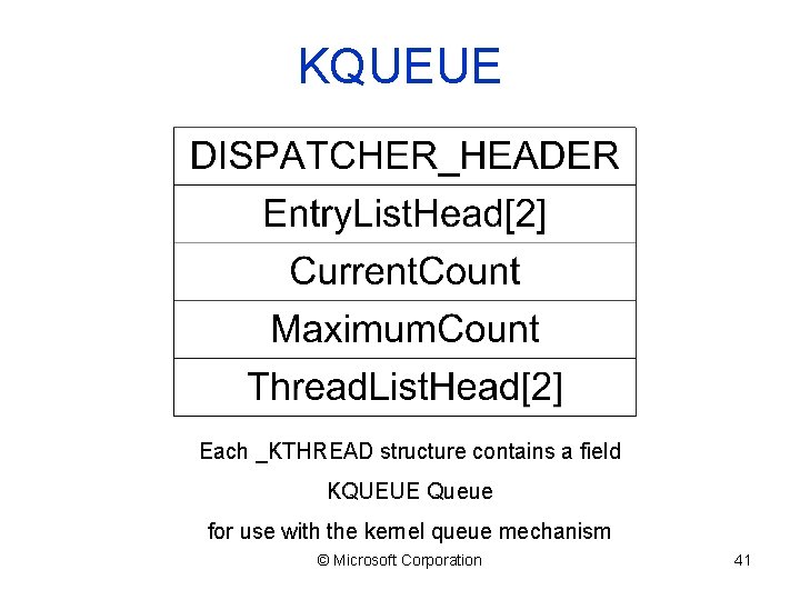 KQUEUE Each _KTHREAD structure contains a field KQUEUE Queue for use with the kernel