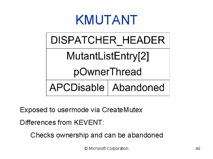 KMUTANT Exposed to usermode via Create. Mutex Differences from KEVENT: Checks ownership and can