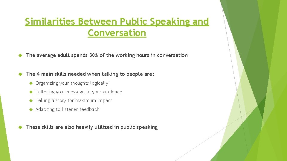 Similarities Between Public Speaking and Conversation The average adult spends 30% of the working