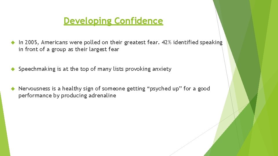 Developing Confidence In 2005, Americans were polled on their greatest fear. 42% identified speaking