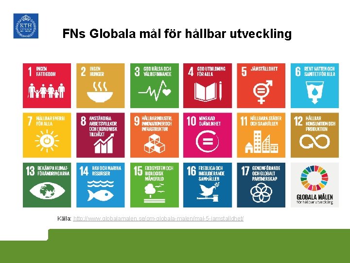 FNs Globala mål för hållbar utveckling Källa: http: //www. globalamalen. se/om-globala-malen/mal-5 -jamstalldhet/ 