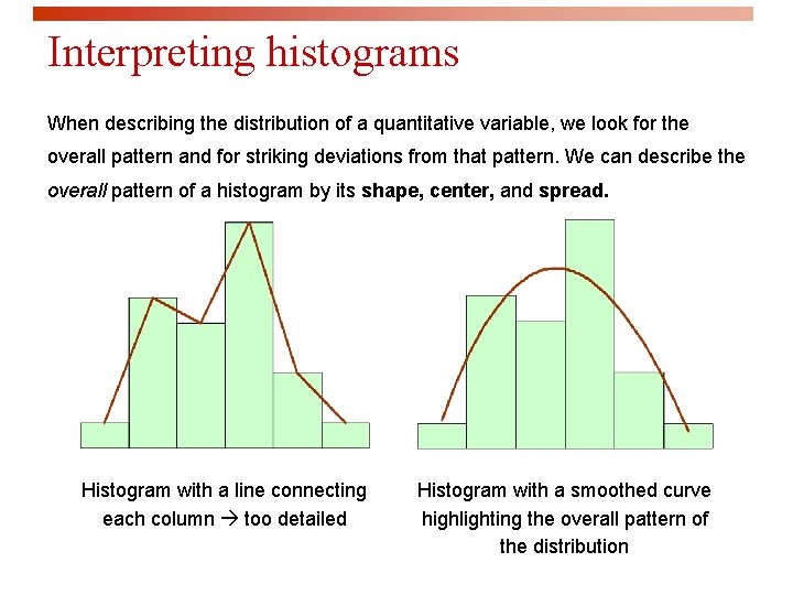 Interpreting histograms When describing the distribution of a quantitative variable, we look for the