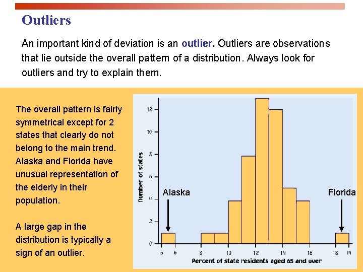 Outliers An important kind of deviation is an outlier. Outliers are observations that lie