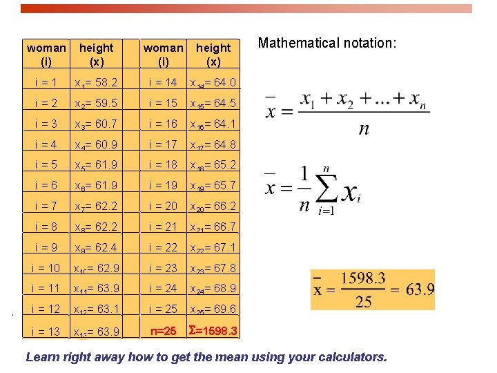 woman (i) height (x) i=1 x 1= 58. 2 i = 14 x 14=