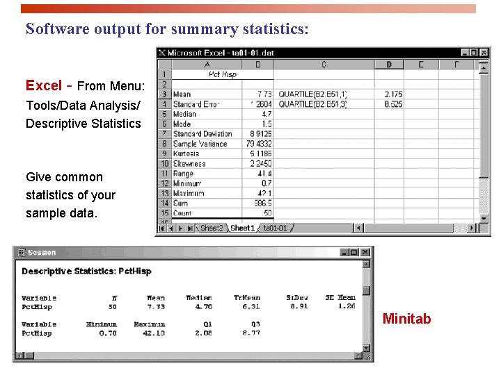 Software output for summary statistics: Excel - From Menu: Tools/Data Analysis/ Descriptive Statistics Give