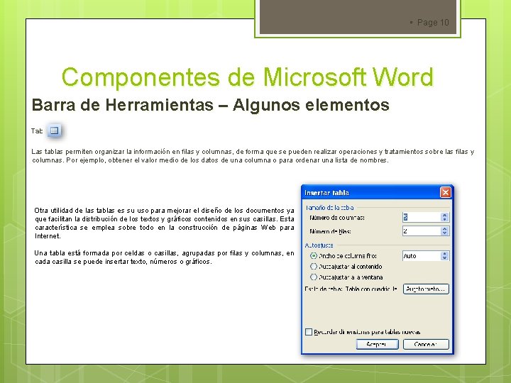  Page 10 Componentes de Microsoft Word Barra de Herramientas – Algunos elementos Tabla