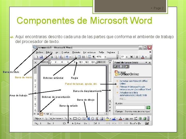  Page 2 Componentes de Microsoft Word Aquí encontraras descrito cada una de las