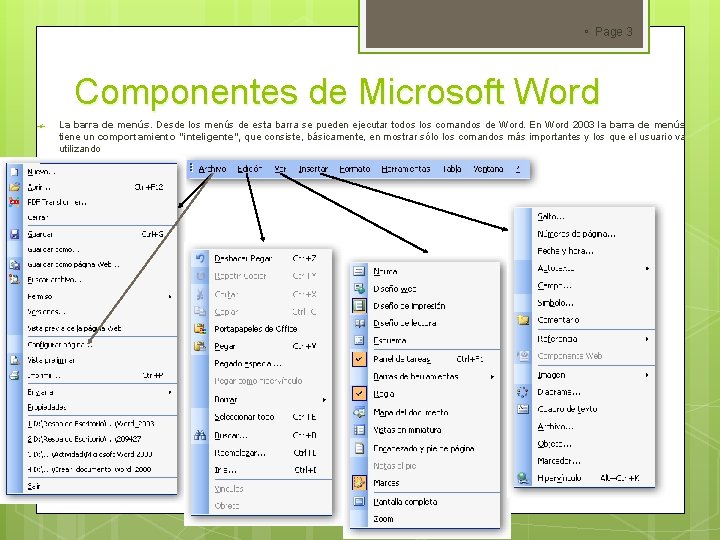  Page 3 Componentes de Microsoft Word La barra de menús. Desde los menús