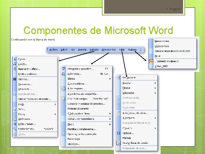  Page 4 Componentes de Microsoft Word Continuando con la Barra de menú 