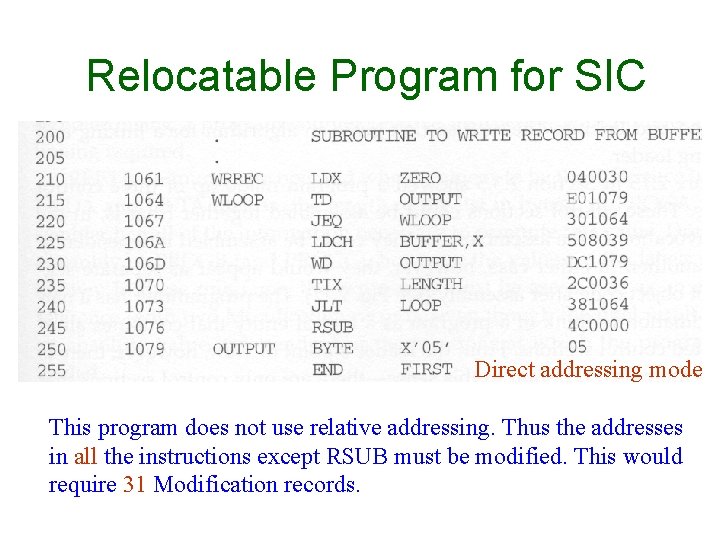 Relocatable Program for SIC Direct addressing mode This program does not use relative addressing.