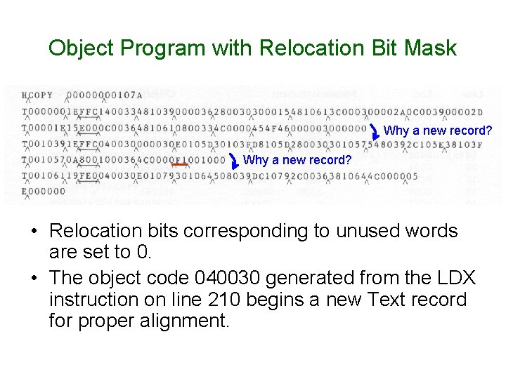 Object Program with Relocation Bit Mask Why a new record? • Relocation bits corresponding Object Program with Relocation Bit Mask Why a new record? • Relocation bits corresponding