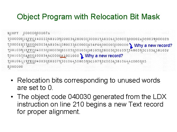 Object Program with Relocation Bit Mask Why a new record? • Relocation bits corresponding