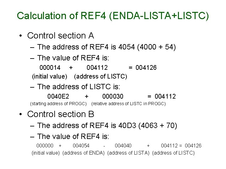 Calculation of REF 4 (ENDA-LISTA+LISTC) • Control section A – The address of REF Calculation of REF 4 (ENDA-LISTA+LISTC) • Control section A – The address of REF