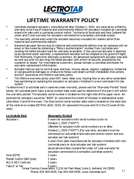 LIFETIME WARRANTY POLICY Lectrotab standard actuators manufactured after October 1, 2009, are covered by