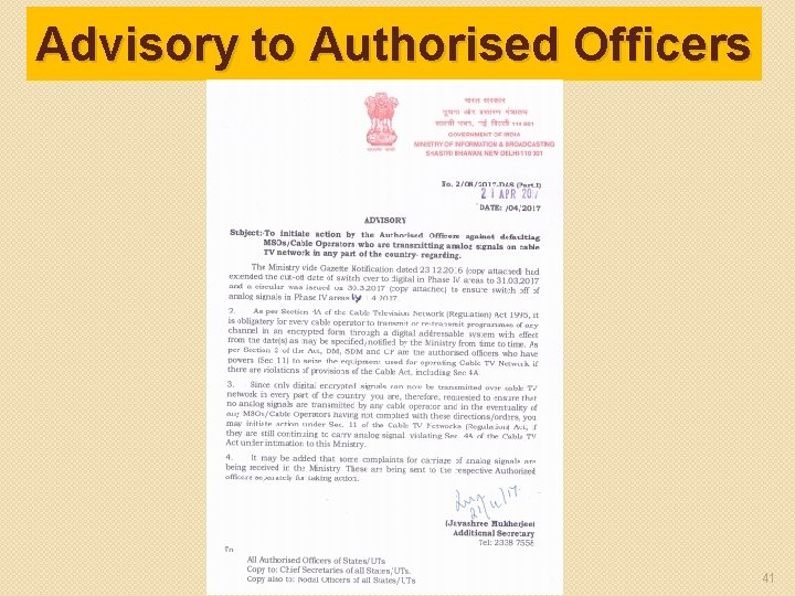 Advisory to Authorised Officers 41 