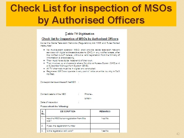 Check List for inspection of MSOs by Authorised Officers 42 