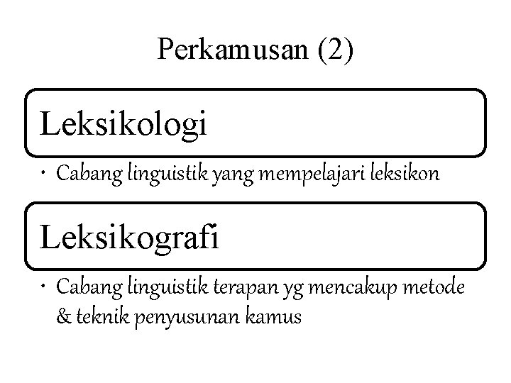 Perkamusan (2) Leksikologi • Cabang linguistik yang mempelajari leksikon Leksikografi • Cabang linguistik terapan