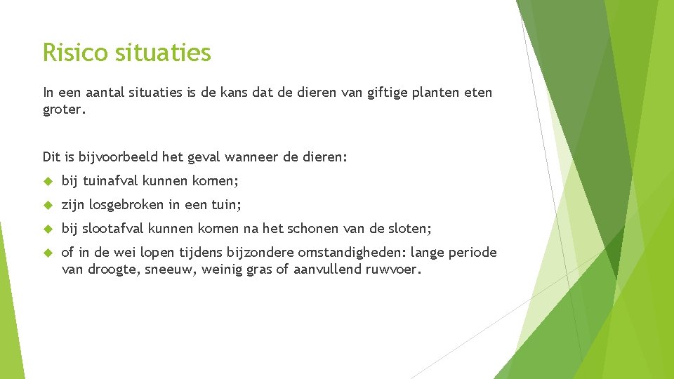 Risico situaties In een aantal situaties is de kans dat de dieren van giftige