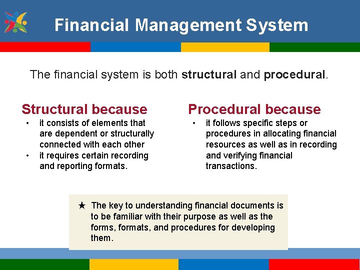 Financial Management System The financial system is both structural and procedural. Structural because •