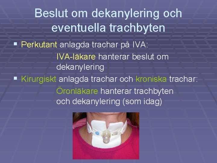 Beslut om dekanylering och eventuella trachbyten § Perkutant anlagda trachar på IVA: IVA-läkare hanterar