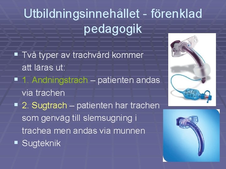 Utbildningsinnehållet - förenklad pedagogik § Två typer av trachvård kommer § § § att