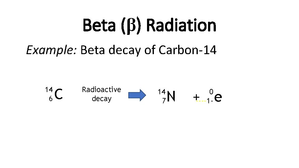 Beta (β) Radiation Example: Beta decay of Carbon-14 14 6 C Radioactive decay 14