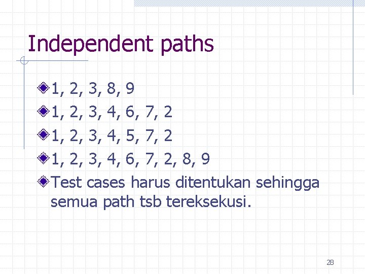 Independent paths 1, 2, 3, 8, 9 1, 2, 3, 4, 6, 7, 2
