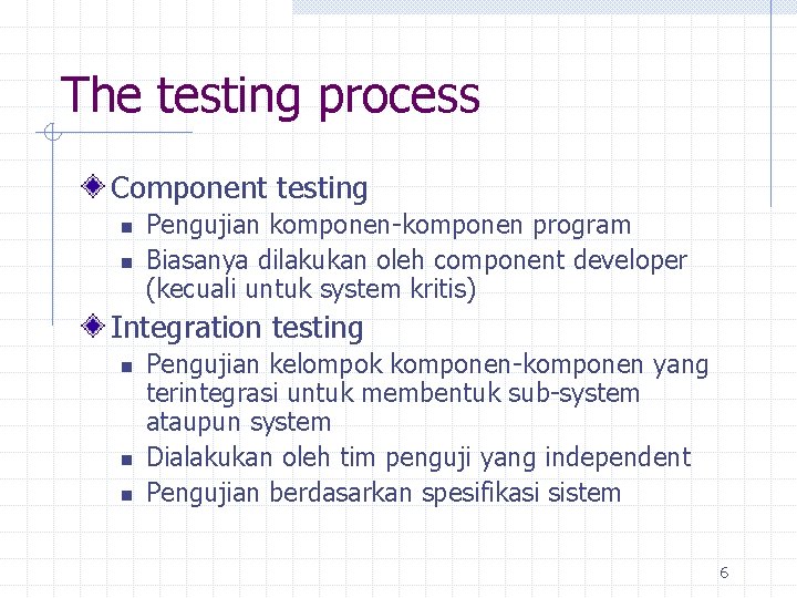 The testing process Component testing n n Pengujian komponen-komponen program Biasanya dilakukan oleh component
