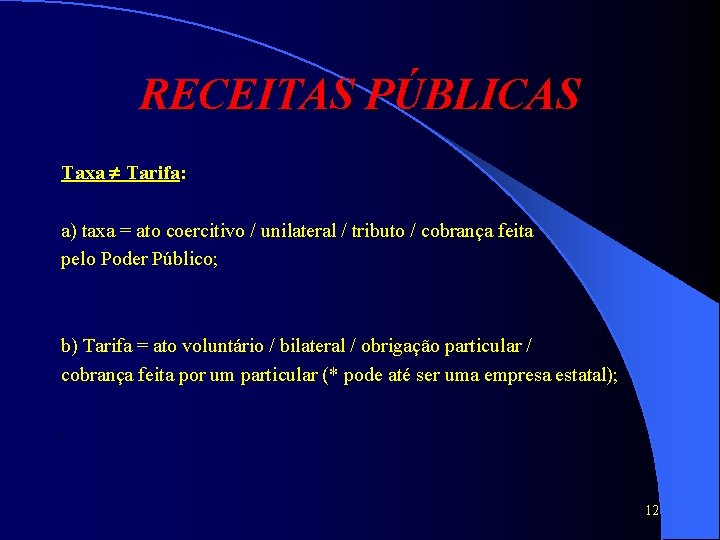 RECEITAS PÚBLICAS Taxa Tarifa: a) taxa = ato coercitivo / unilateral / tributo /