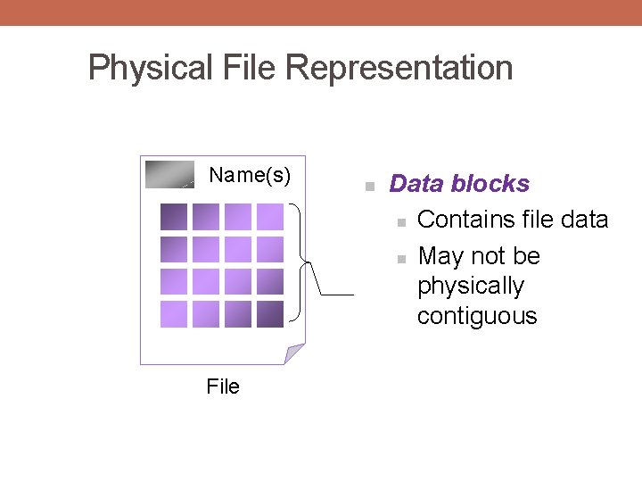 Physical File Representation Name(s) File n Data blocks n Contains file data n May