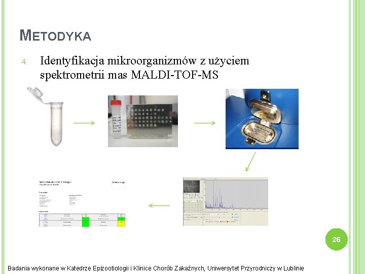 METODYKA 4. Identyfikacja mikroorganizmów z użyciem spektrometrii mas MALDI-TOF-MS 26 Badania wykonane w Katedrze