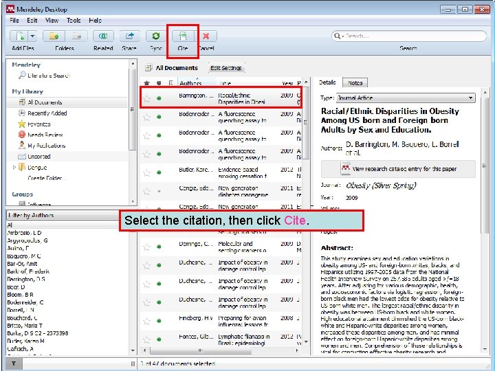 Select the citation, then click Cite. 