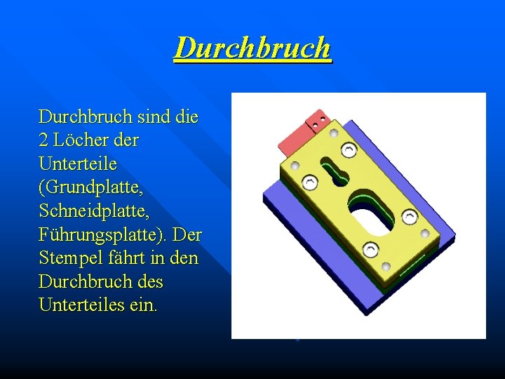 Durchbruch sind die 2 Löcher der Unterteile (Grundplatte, Schneidplatte, Führungsplatte). Der Stempel fährt in