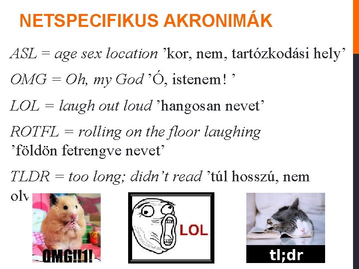 NETSPECIFIKUS AKRONIMÁK ASL = age sex location ’kor, nem, tartózkodási hely’ OMG = Oh,