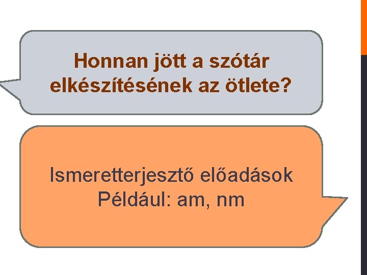 Honnan jött a szótár elkészítésének az ötlete? Ismeretterjesztő előadások Például: am, nm 