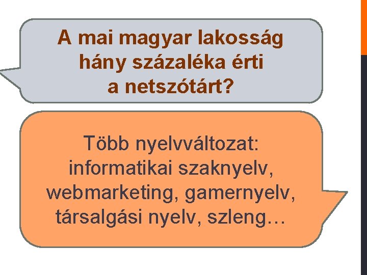 A mai magyar lakosság hány százaléka érti a netszótárt? Több nyelvváltozat: informatikai szaknyelv, webmarketing,