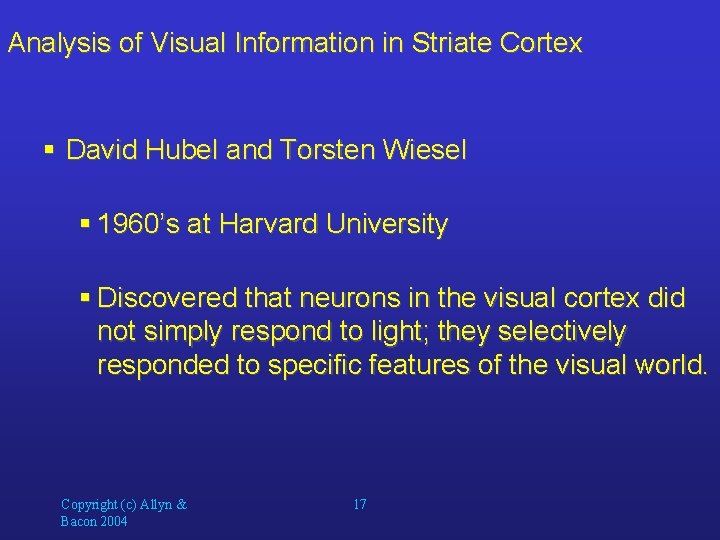 Analysis of Visual Information in Striate Cortex § David Hubel and Torsten Wiesel §