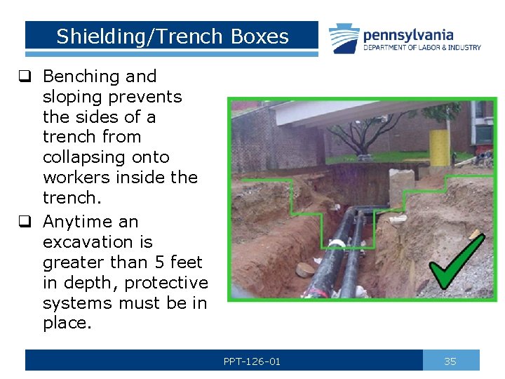 Shielding/Trench Boxes q Benching and sloping prevents the sides of a trench from collapsing