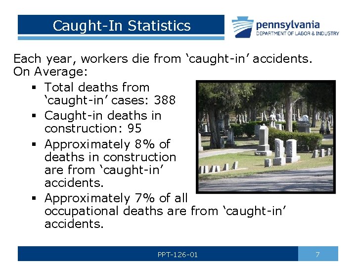 Caught-In Statistics Each year, workers die from ‘caught-in’ accidents. On Average: § Total deaths