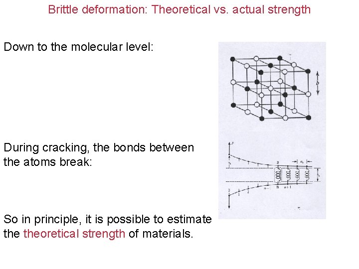 Brittle deformation: Theoretical vs. actual strength Down to the molecular level: During cracking, the