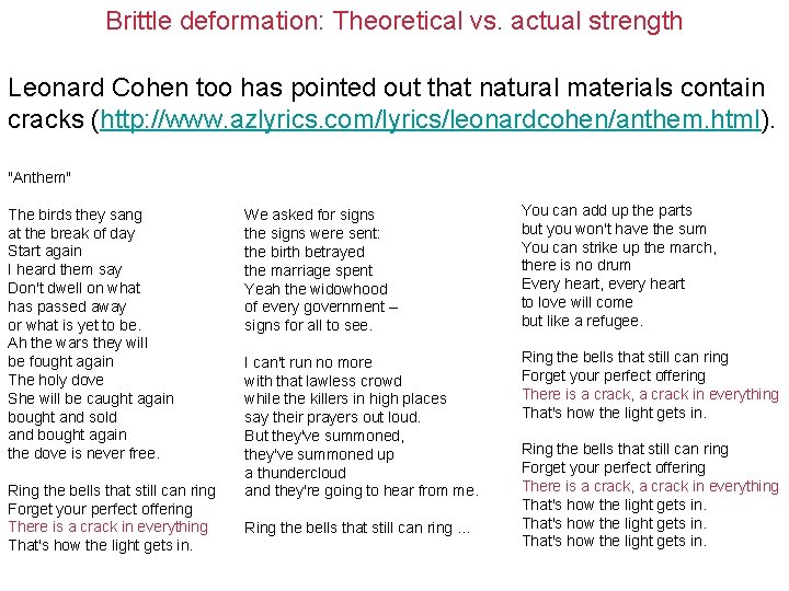 Brittle deformation: Theoretical vs. actual strength Leonard Cohen too has pointed out that natural