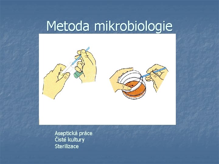 Metoda mikrobiologie Aseptická práce Čisté kultury Sterilizace 